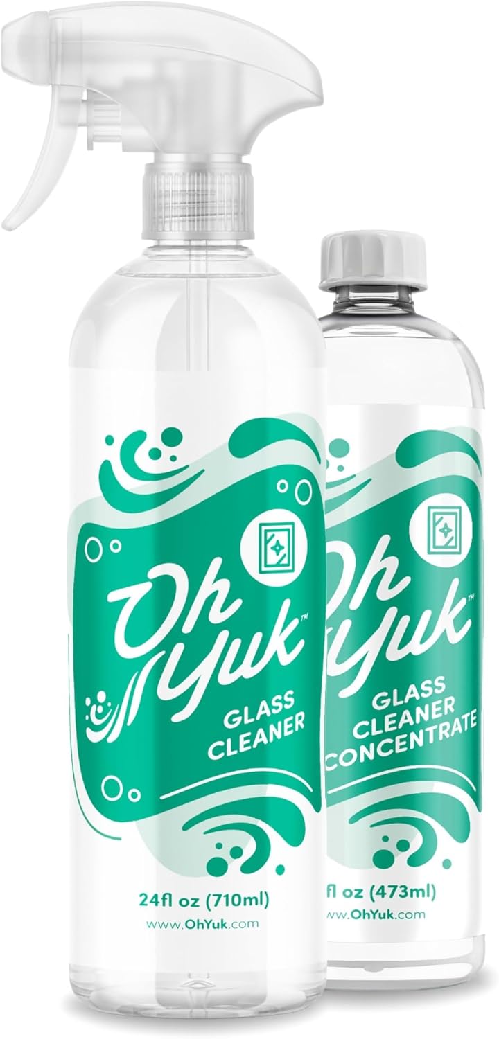 Oh Yuk Glass Cleaner Combo – Includes 24 oz Spray + 16 oz Concentrate Refill (Makes 5 Sprays) | Streak-Free Cleaning for Mirrors, Windows & More | Vegan, Made in USA