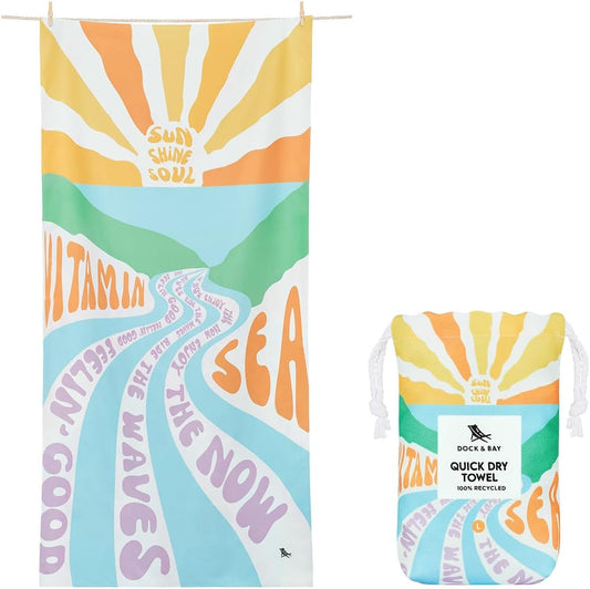 Dock & Bay Beach Towel - Quick Dry, Sand Free - Compact, Lightweight - 100% Recycled - Includes Bag - Vitamin Sea - Large (160x90cm, 63x35)