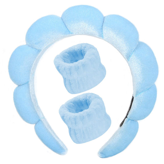 Luckybear Spa Headband for Washing Face, Velvet Makeup Headband with Face Wash Wristbands - Blue