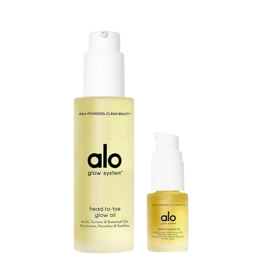 Alo Head-to-Toe Glow Oil + Travel | Glow-Boosting Natural Dry Body Oil | Jojoba, Amla, Aloe & Vitamin E | Hydrates & Nourishes Skin | Citrus Scent | 3.2 + 0.7 Oz