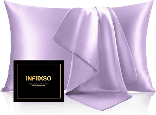 INFIIXSO Silk Pillow Cases 2 Pack Standard Size, Ultra Smooth & Soft Mulberry Silk Pillow Case for Hair and Skin, Breathable Cooling Silk Pillowcase with Hidden Zipper (Lavender, 20x26 Inches)