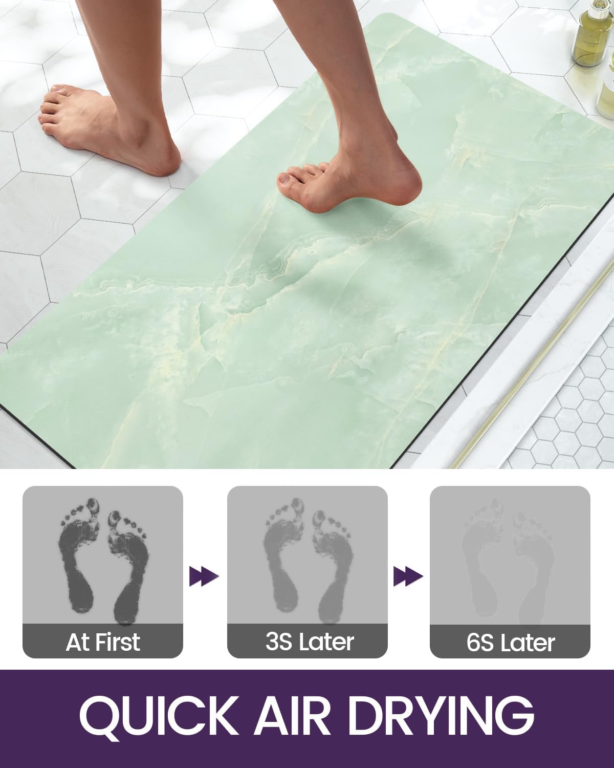 DEXI Bath Mat 17x32, Non Slip Quick Dry Rugs, Super Absorbent Ultra Thin Marble Bathmat, Washable Rubber Mats for Shower Floor, in Front of Bathtub, Sink, Bathroom Accessories Decor, Light Green