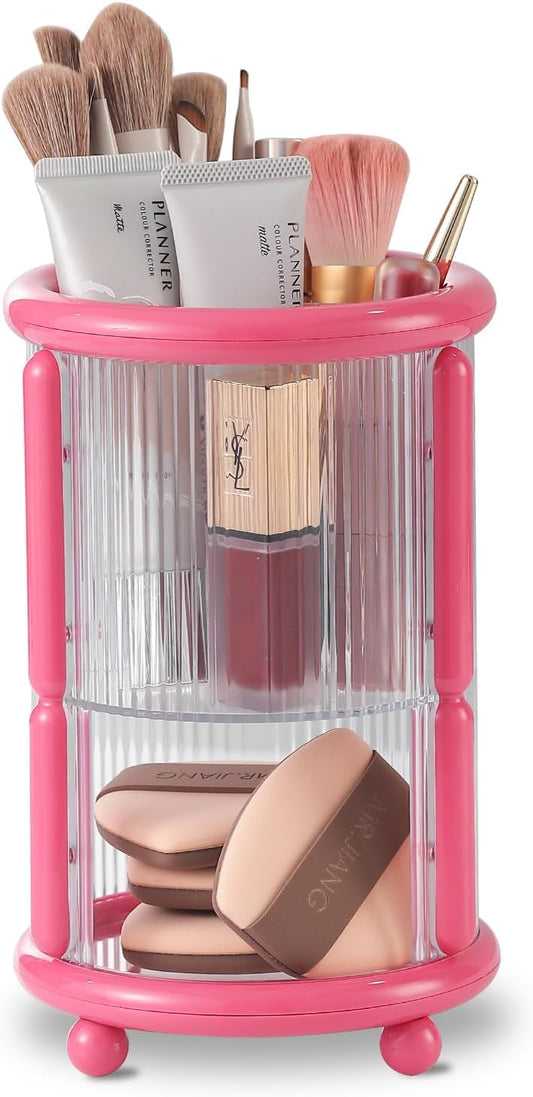 Makeup Brush Holder, 2 Tier Clear Cosmetic Tools Organizer, Round Makeup Organizer for Vanity Countertop (Rose Red)