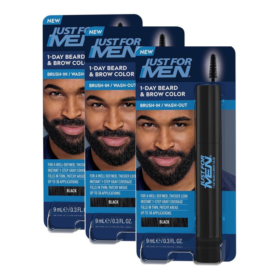 Just for Men 1-Day Beard & Brow Color, Temporary Color for Beard and Eyebrows, For a Fuller, Well-Defined Look, Up to 30 Applications, Black, Ships in Eco-Friendly Packaging (Pack of 3)