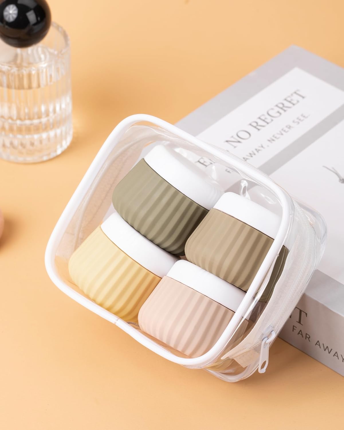 Travel Containers for Toiletries 4 Pack, TSA Approved Travel Size Toiletries, Travel Size Containers, With Clear Bag Leak Proof Silicone Jars, Travel Essentials Creams Jars Carrying Small Items