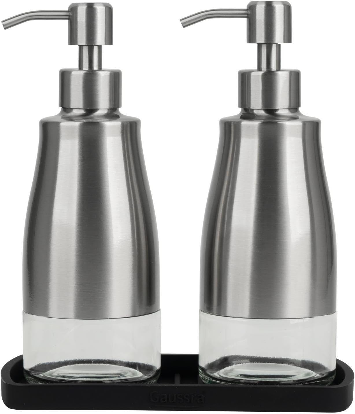 Gaussra Kitchen Soap Dispenser Set with Silicone Tray and Stickers - Brushed Nickel, Stainless Steel Glass Soap Dispenser Bathroom, Refillable Hand Dish Soap Dispenser for Kitchen Sink