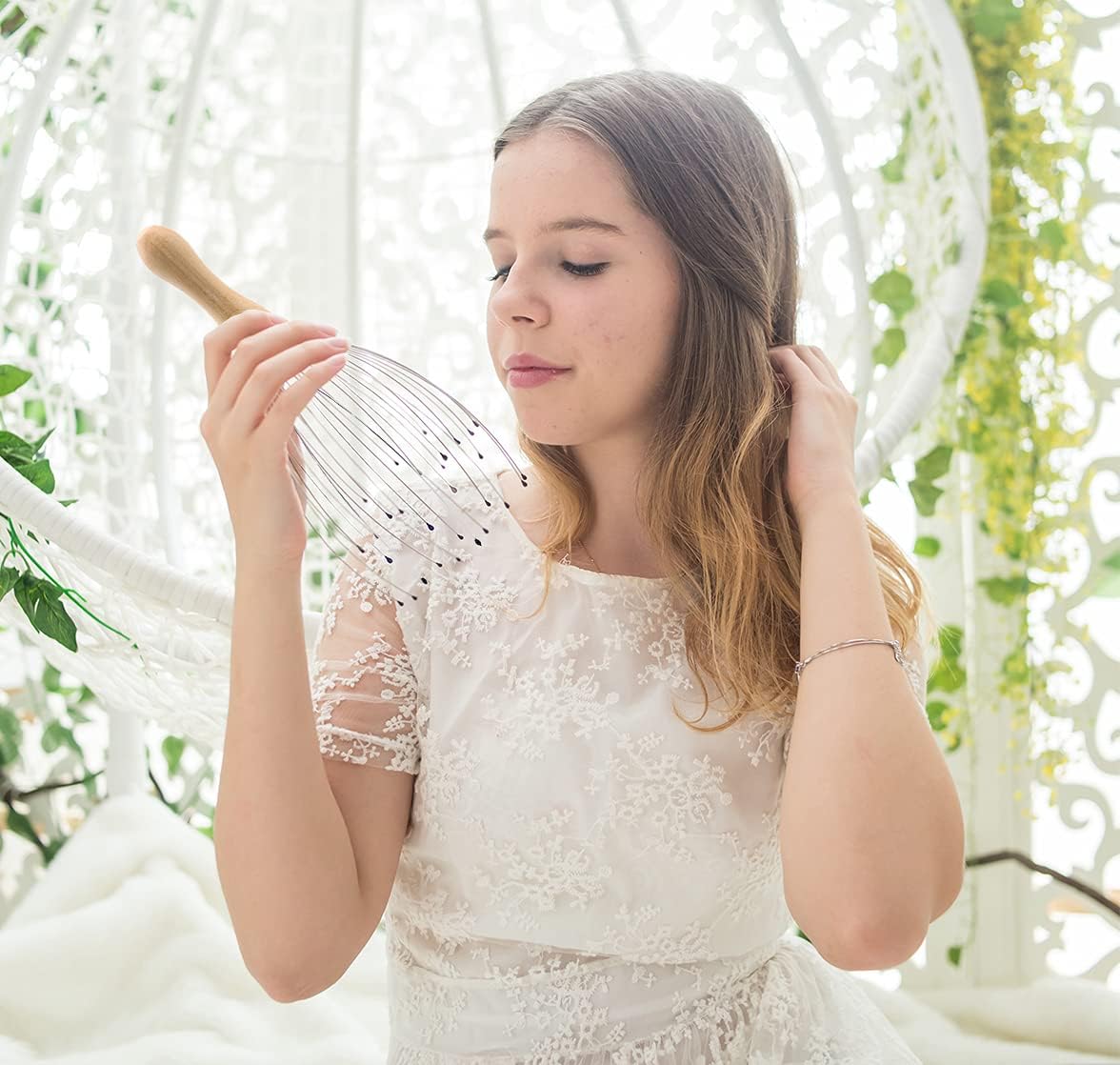 USAGA 32 Fingers Head Massager, Head Scratcher Scalp Massager, Stocking Stuffers Gift for Scalp Body Relaxing Wood Handle (1 Pack)