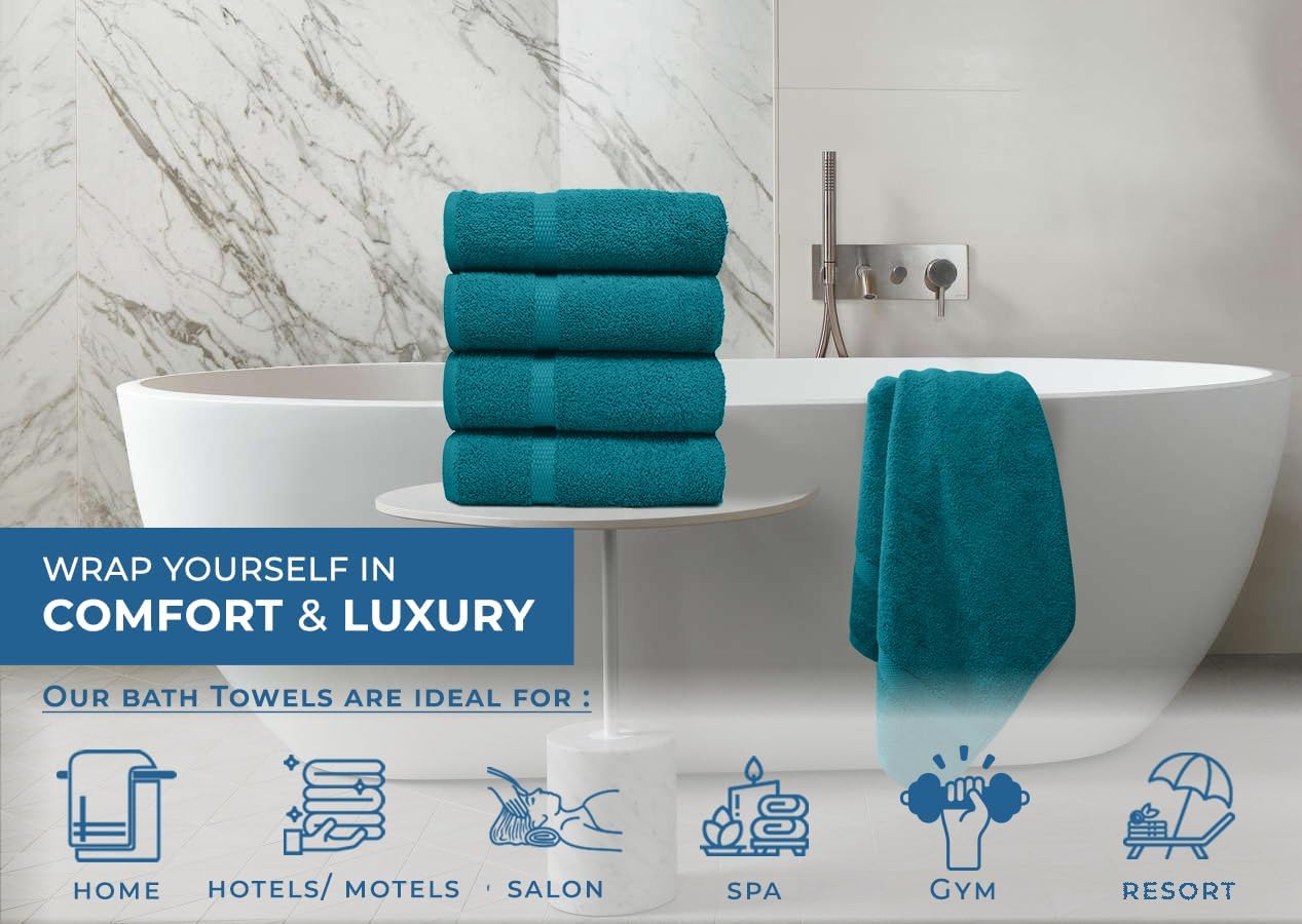 DAN RIVER Bath Towels Set of 4, 27 x 54 Inches, 100% Cotton, Larger & Lighter Weight, Quicker to Dry, Super Soft and Absorbent, Ideal Luxury Bath Towels for Daily Use, Teal
