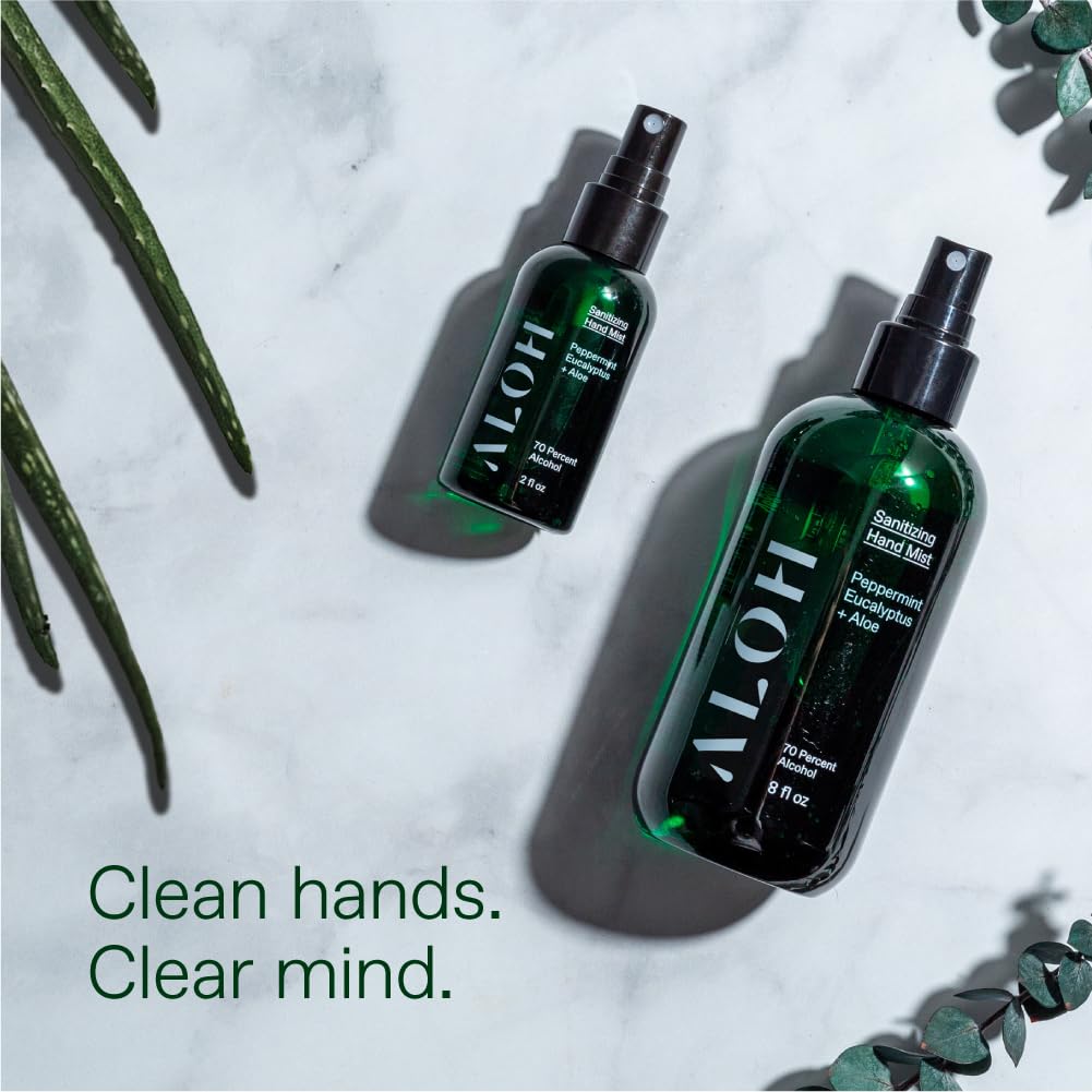 ALŌH Sanitizing Hand Mist 3-pack | Peppermint Eucalyptus + Aloe | 70% Alcohol Hydrating Hand Sanitizer Spray with Essential Oil, for Kids & Adults | 2oz Travel Size Bottle (Set of 3)