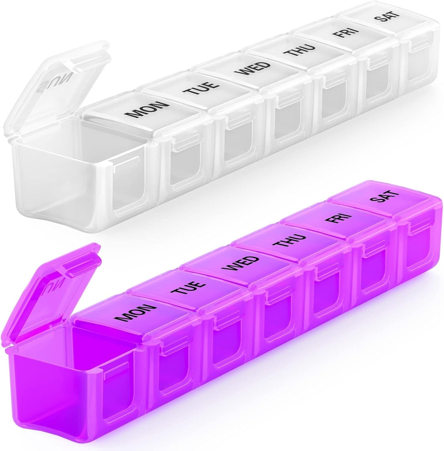 BUG HULL Weekly Pill Organizer Large 2 Packs, Extra Large Travel Pill Organizers, Pill Box 7 Day, Travel Pill Case, Medicine Pill Organizer for Vitamins, Supplements and Medication (White+Purple)