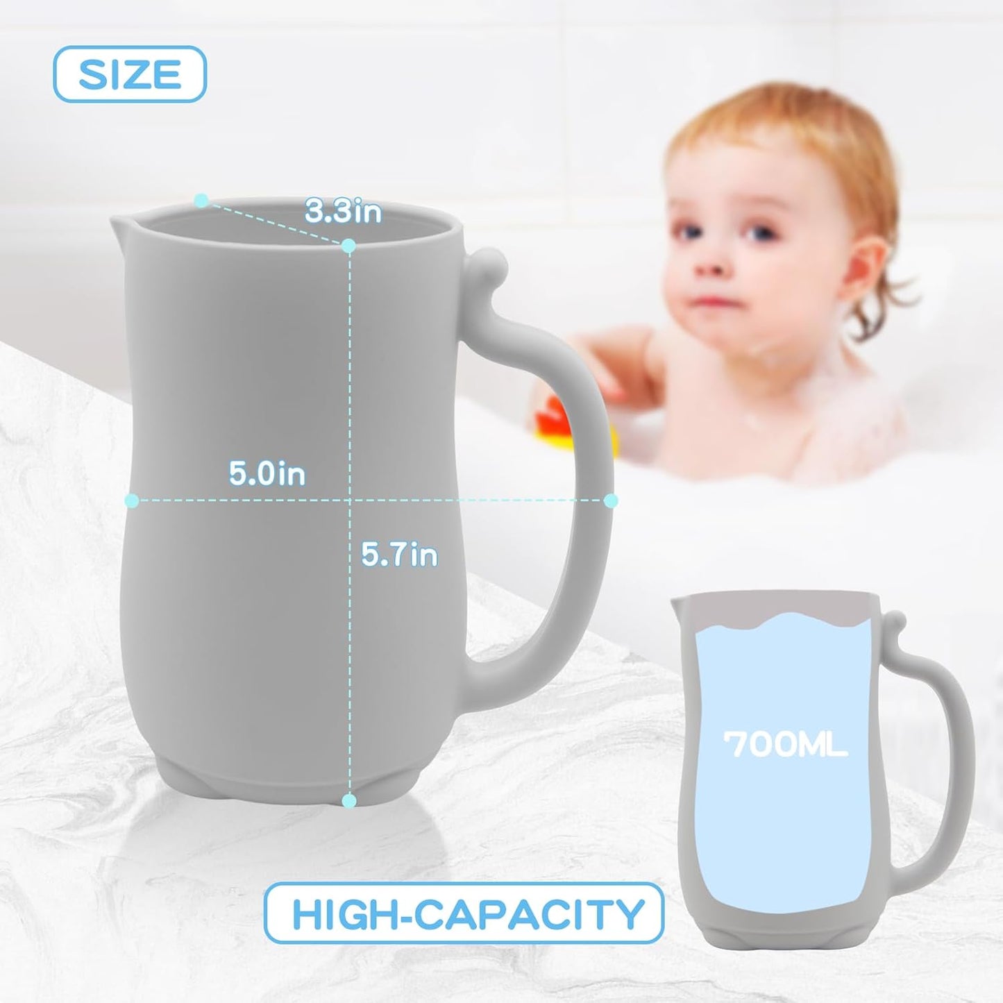 Mandoo Baby Bath Rinse Cup - Food Grade Silicone Shampoo & Body Washing Rinser for Kids With Easy Grip Handle - Baby Essentials (Light Gray)