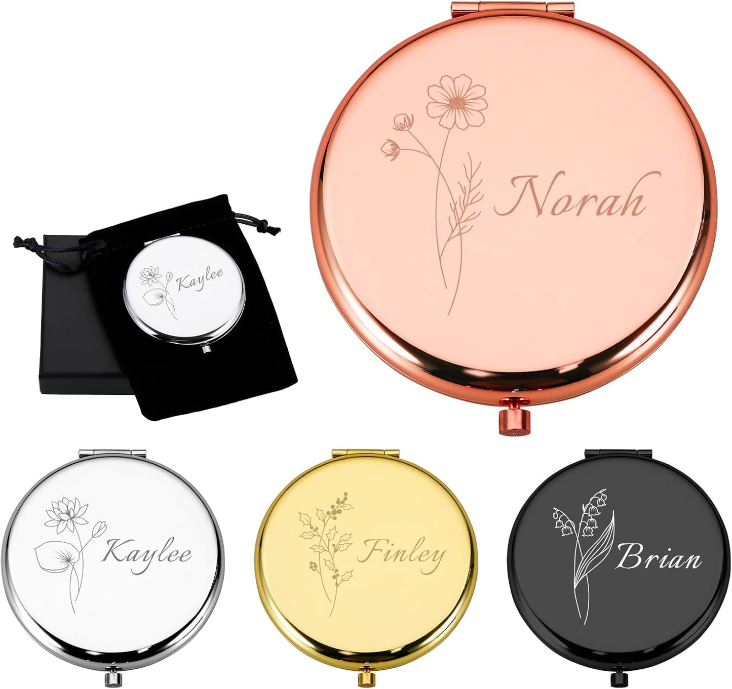 Personalized Compact Mirror, Custom Pocket Mirror with Birth Flower and Name, Small Purse Mirrors for Women, Double-Sided 1X/2X Magnifying Travel Makeup Mirrors, Bridal Shower Gifts, Stocking Stuffers