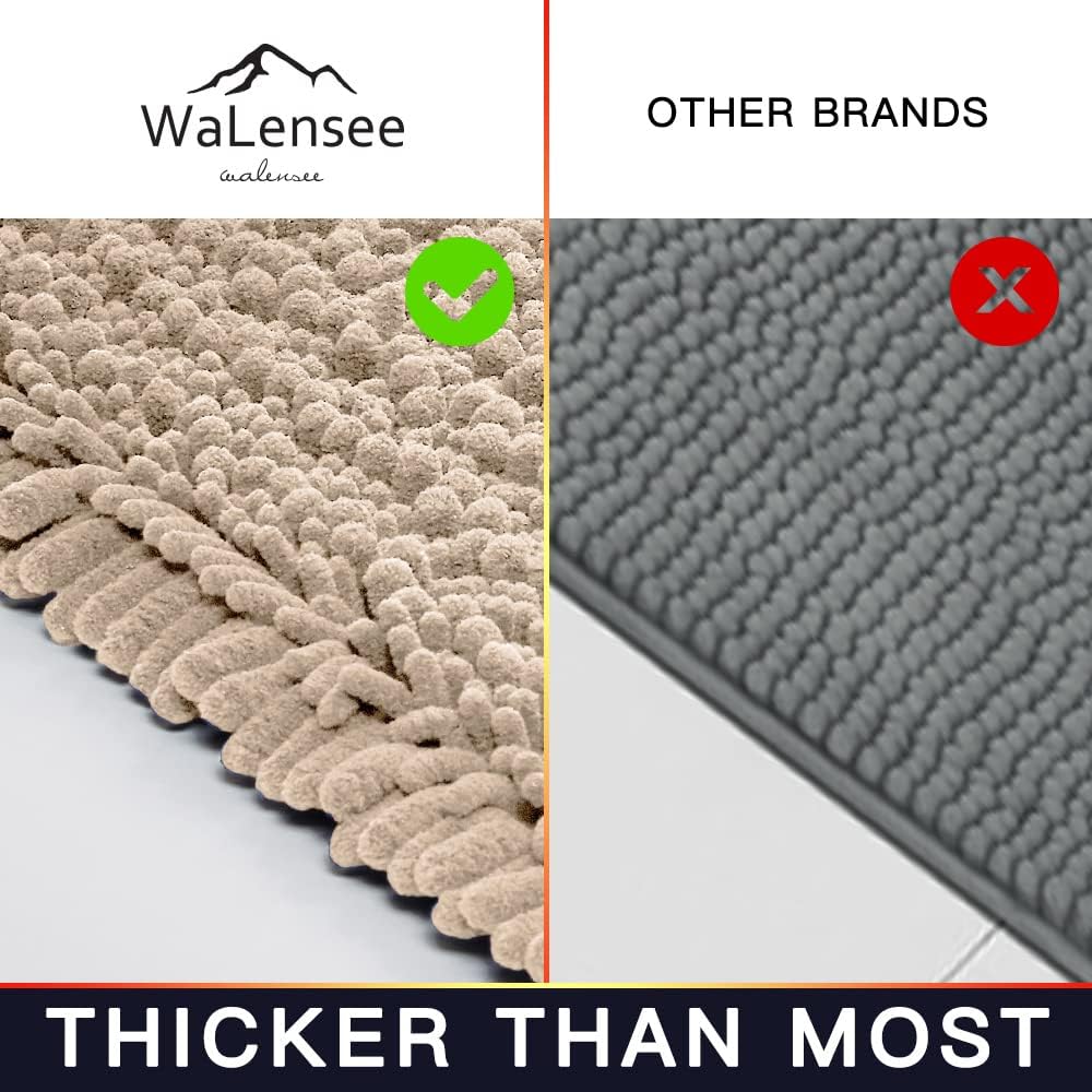 Walensee Bathroom Rug 2 Pieces Set Non Slip Bath Mat (20"x32" Plus 20"x24" U Beige) Water Absorbent Super Soft Shaggy Chenille Machine Washable Dry Extra Thick Perfect Carpet for Shower Floor
