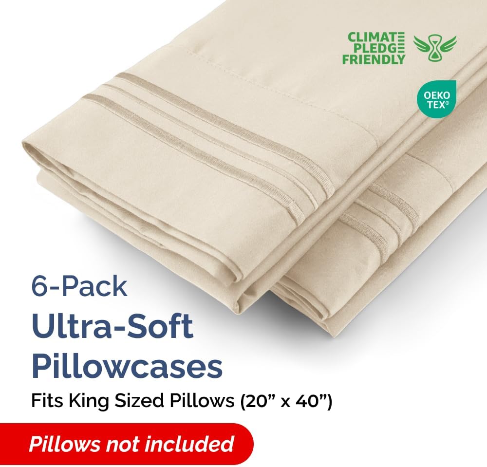 King Pillow Cases Set of 6 - Ultra Soft Hotel Quality Pillowcase Covers - Comfy & Wrinkle Free - Shrink, Stain and Fade Resistant - Easy-Care, Machine Washable Pillow Protectors - 6 Piece Set - Wheat