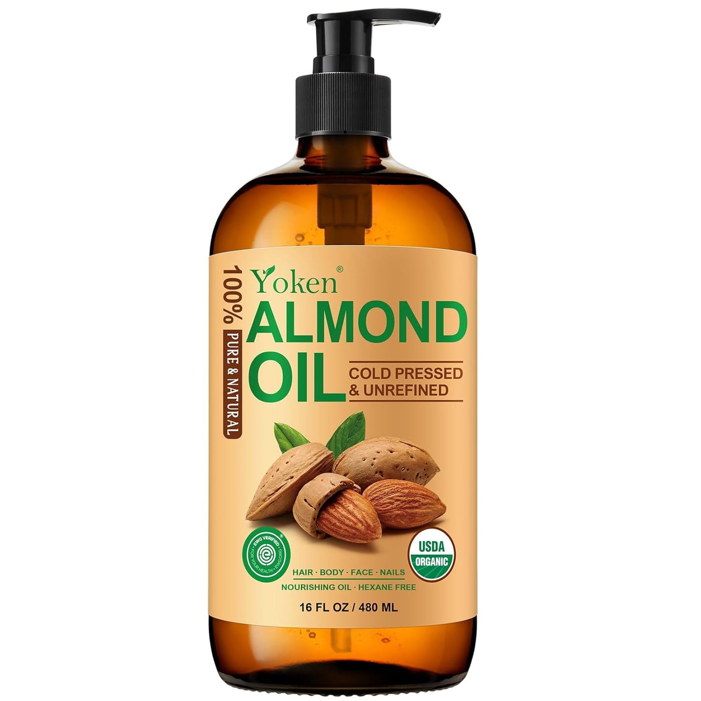 Yoken Almond Oil 16 fl oz 100% Pure USDA Cold Pressed Glass Bottle Almond Oils for Skin Hair & Body Almond Oil for Hair Moisturizer Smooth and Soft Skin - Carrier Oil for DIY Massage Therapy
