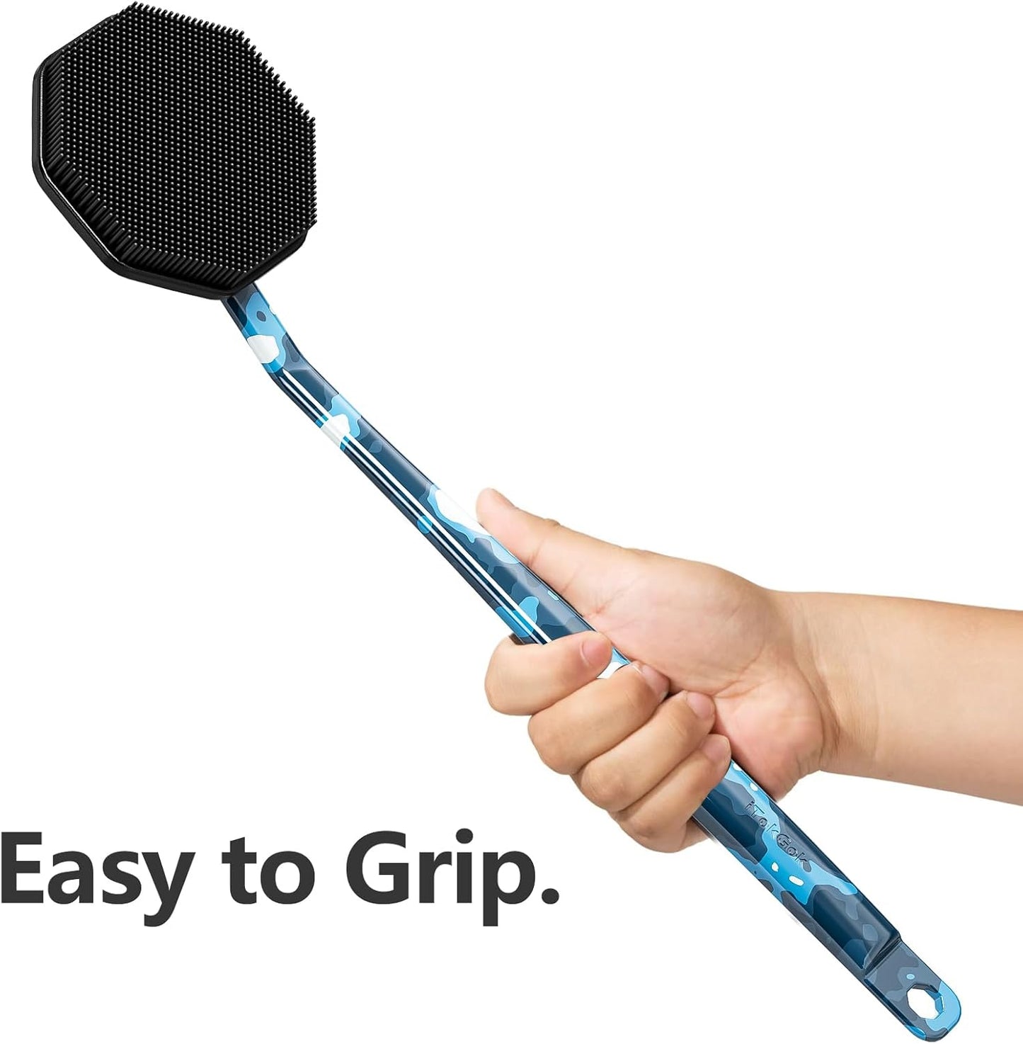 iTokGoK® Platinum Camo Blue Pattern Silicone Back Scrubber with Long Handle Back Brush for Shower,Silver-Infused Back Scrubber for Men and Women (Camo Blue)
