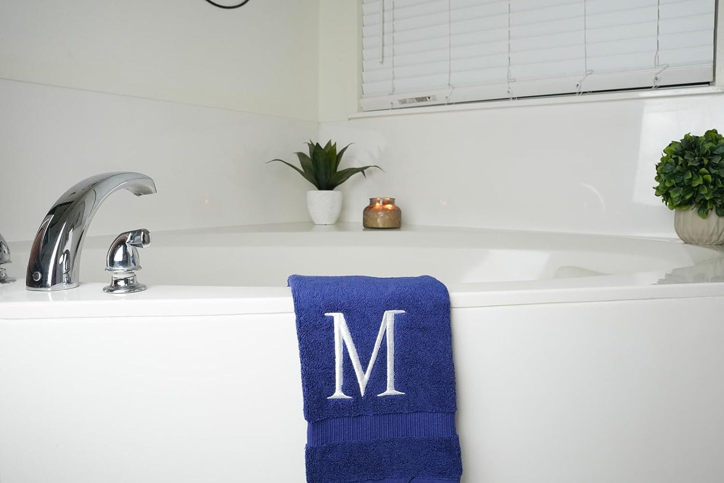 Navy Initial Hand Towel for Bathroom - Monogrammed Luxury Hotel Quality Decorative Embroidered Towel for Powder Room, Spa - GOTS Organic Certified - Pack of 2 - Letter M