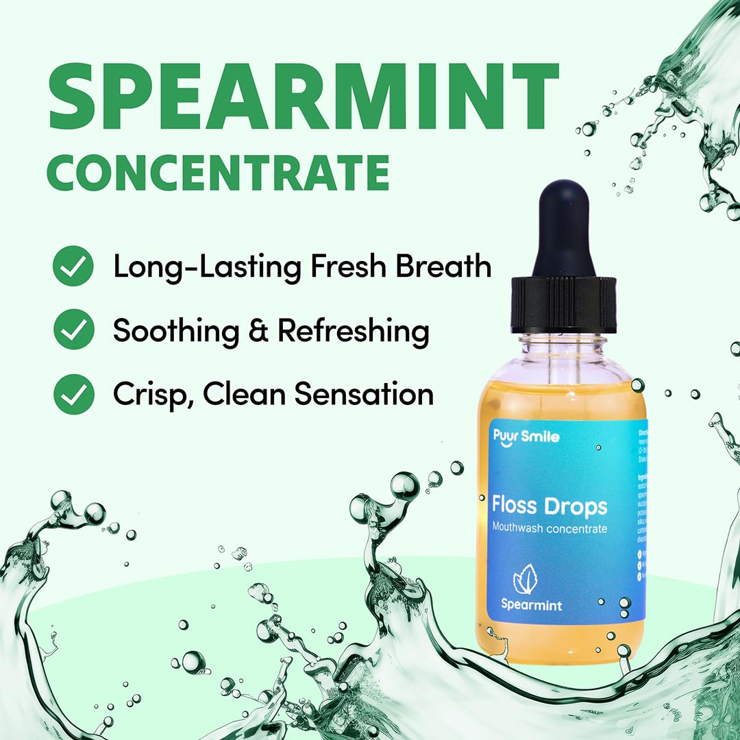 Concentrated Floss Drop Serum – 2oz Concentrated Mouth Wash to Use in Water Flosser | Natural Essentials Promotes Good Breath | Organic Spearmint Drop Supports Good Oral Health