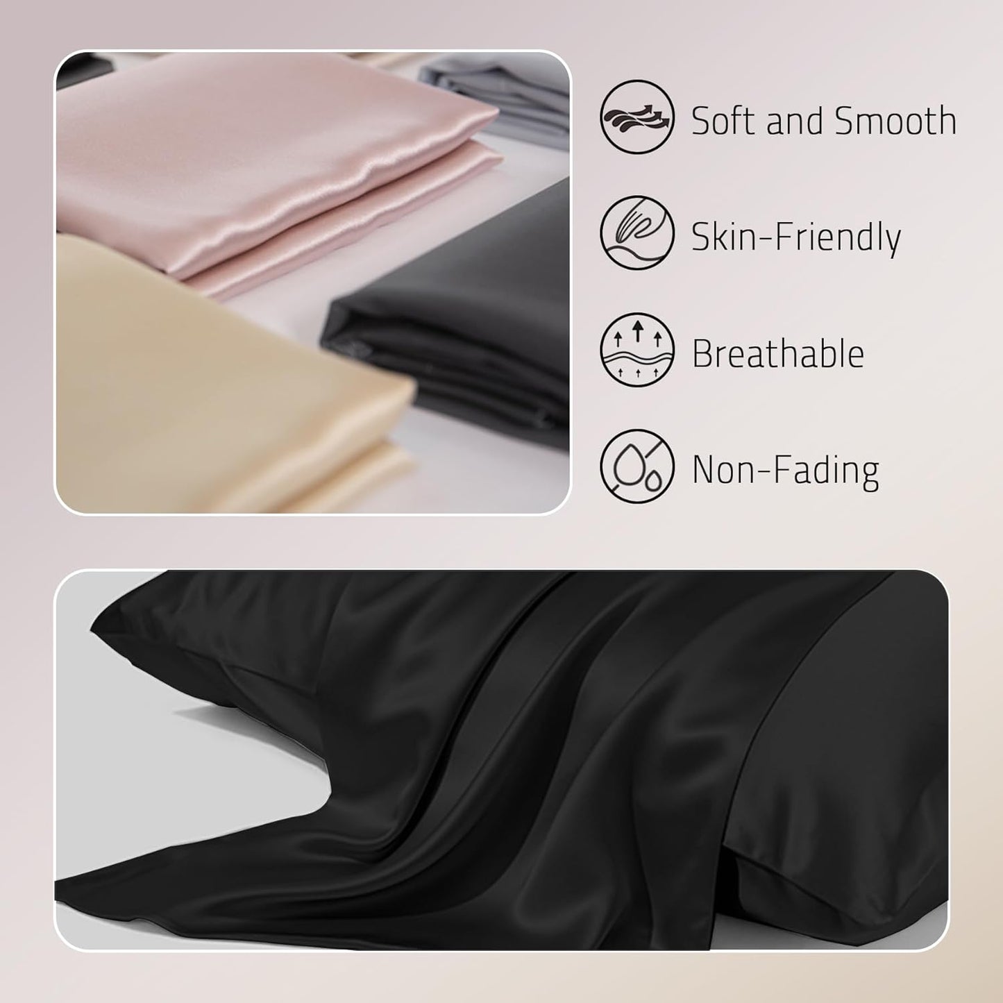Mulberry Silk Pillowcases Set of 2, Both Sides Real Silk Pillow Covers for Hair and Skin Prevent Acne Pillowcase Organic Silk Pillowcase 2 Pack with Hidden Zipper, Black, King (20"×36")