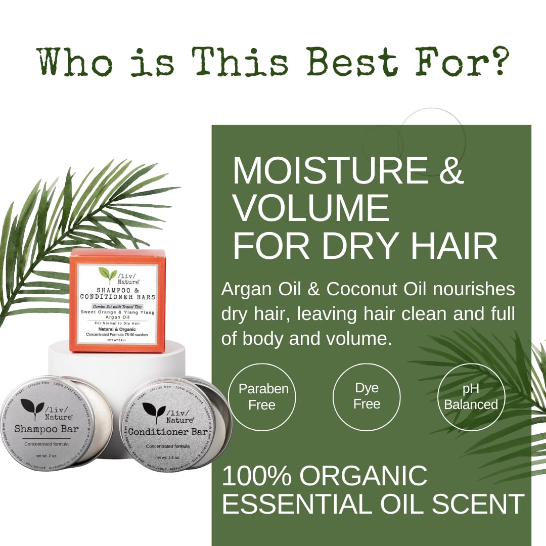 Shampoo Bar and Conditioner Set with Travel Case | Volume and Moisture for Dry Hair | Orange, Ylang Ylang, Argan Oil | Made in USA | 2-pk