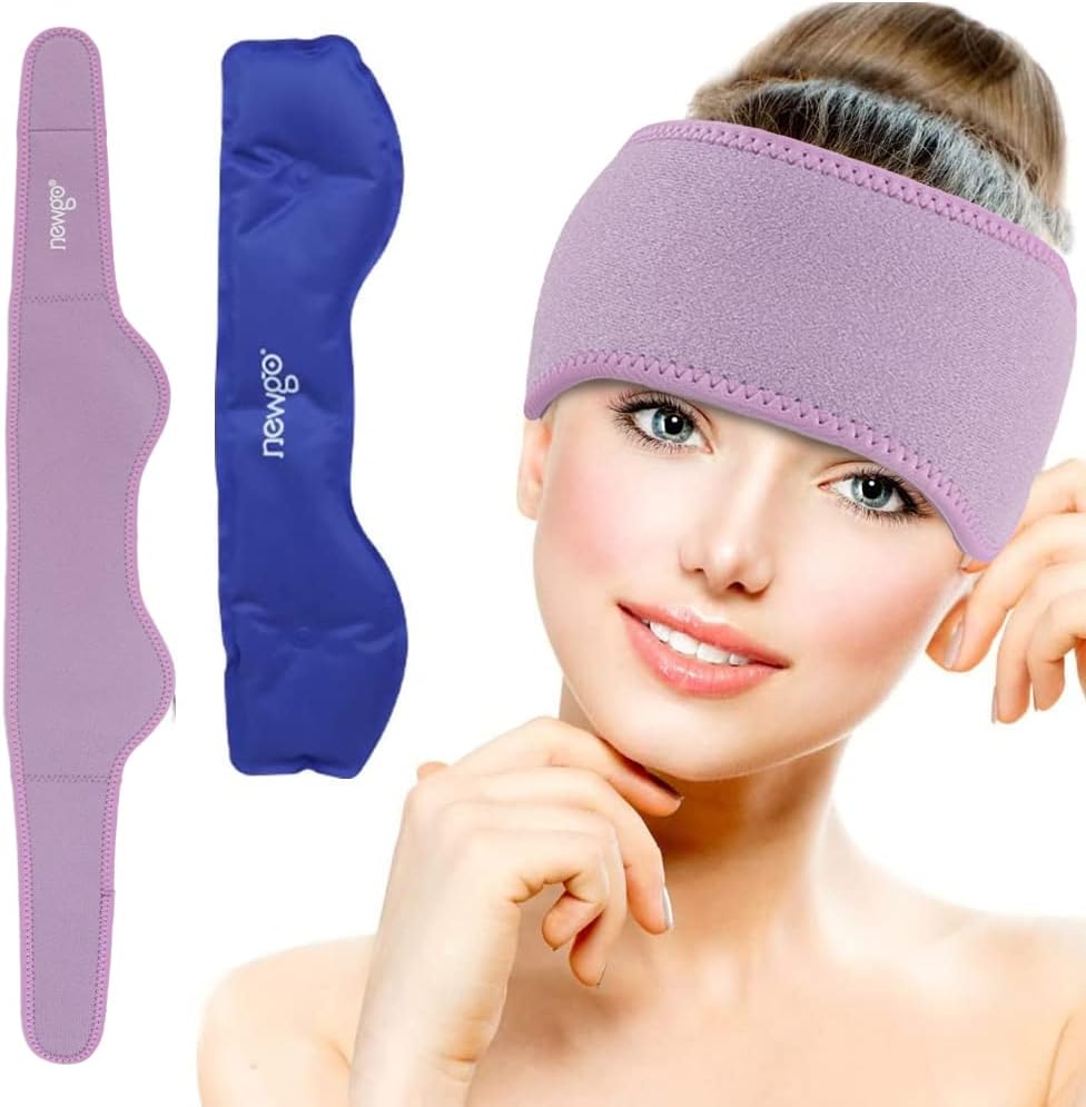NEWGO Headache Ice Pack Head Wrap for Migraines, Cold Pack Head Ice Therapy Wrap for Headache Relief, Tension, Sinus Pain, Chemo, Head Injuries (Purple) 29.5" x 4.3"