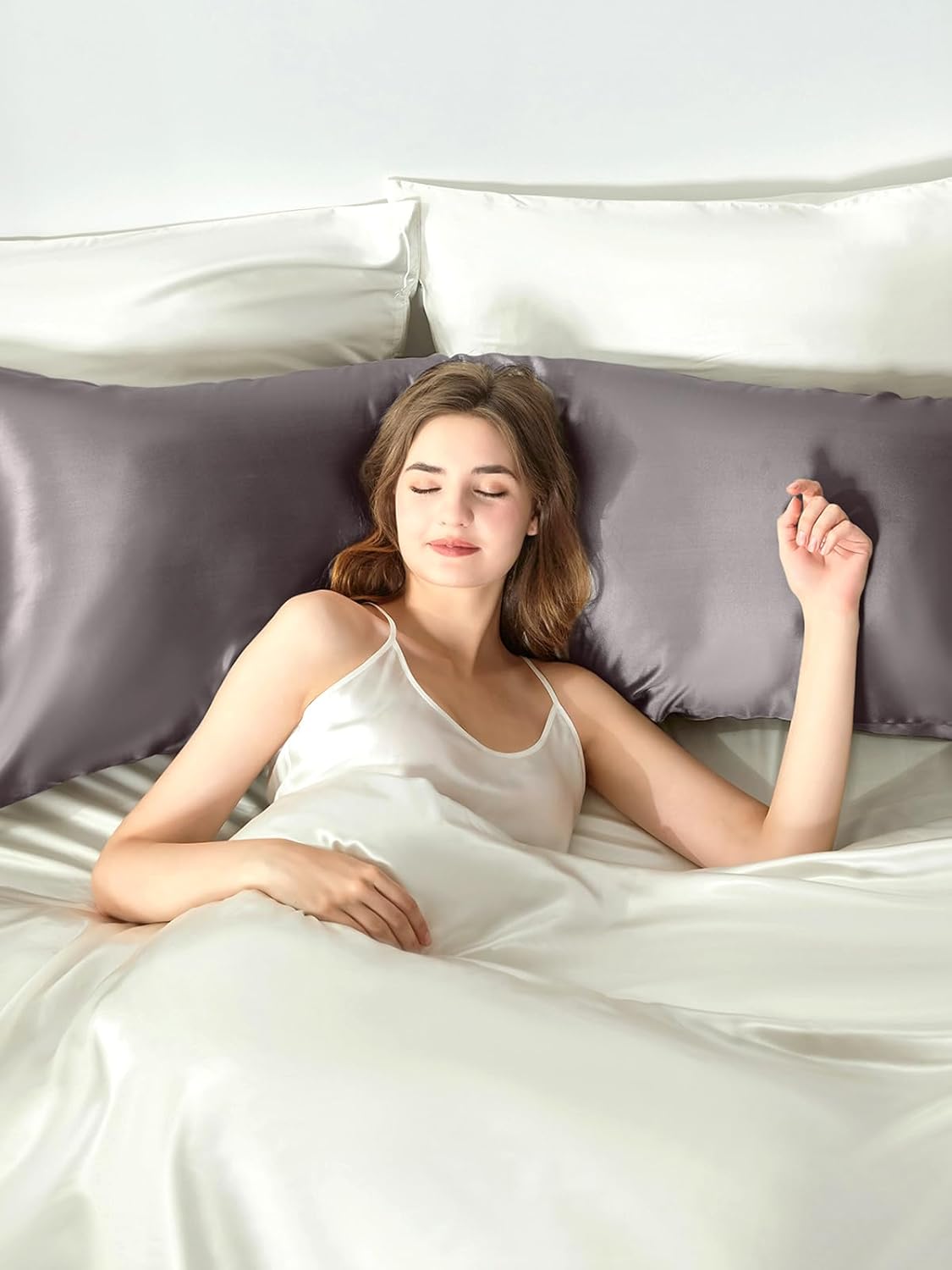 THXSILK Set of 2 100% Mulberry Silk Pillowcase for Hair and Skin, Grade 6A+ Mulberry Silk Pillow Cases Ultra-Soft, Hypoallergenic Pillow Case Cover with Zipper (Body Size 20"x54", Dark Gray)