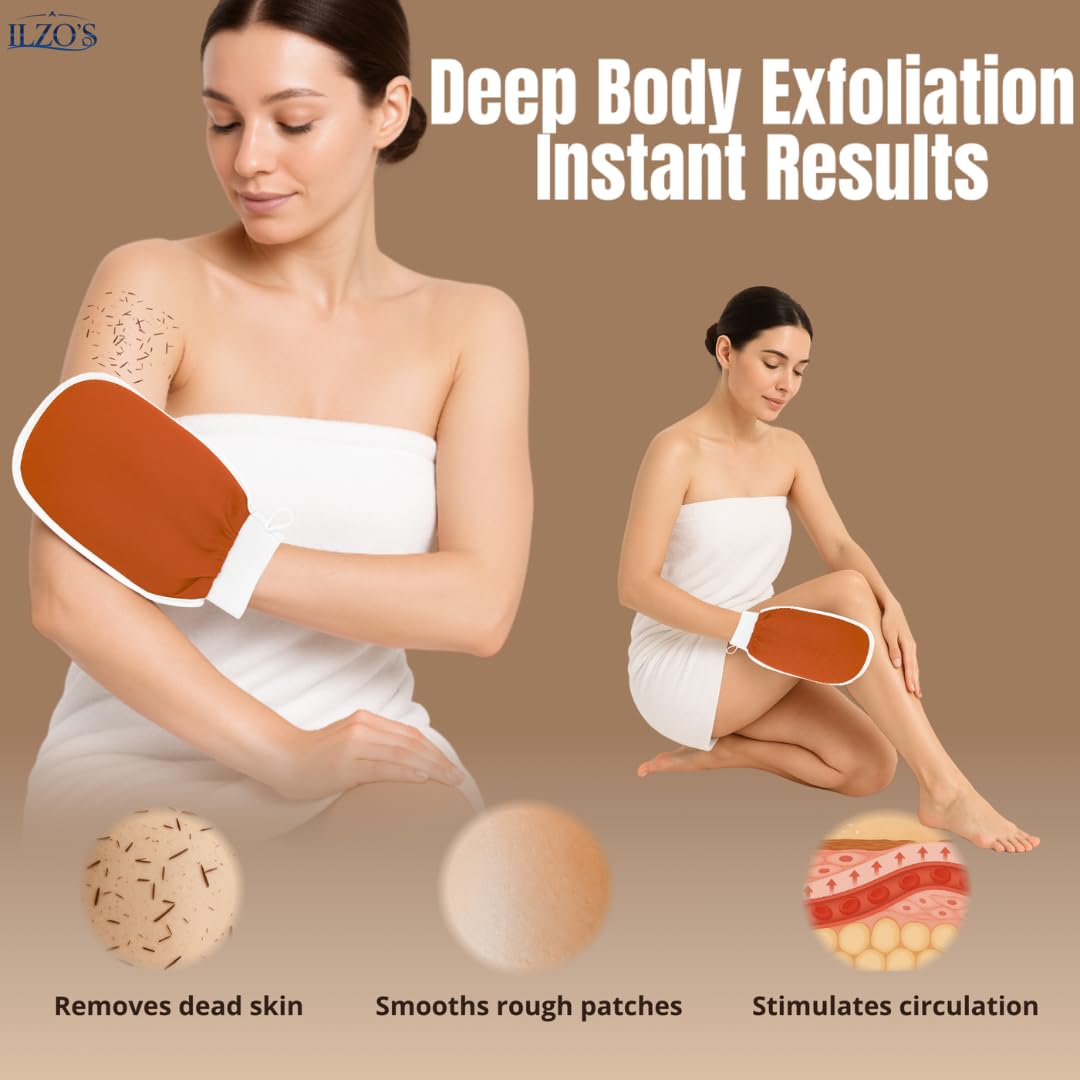 Original Moroccan Kessa Exfoliating Glove Set (ILZO’S) – 3-Piece Hammam Mitts for Face, Body & Back – Deep Skin Cleansing & Dead Skin Removal – Reusable Natural Exfoliator – Assorted Colors (ORANGE)