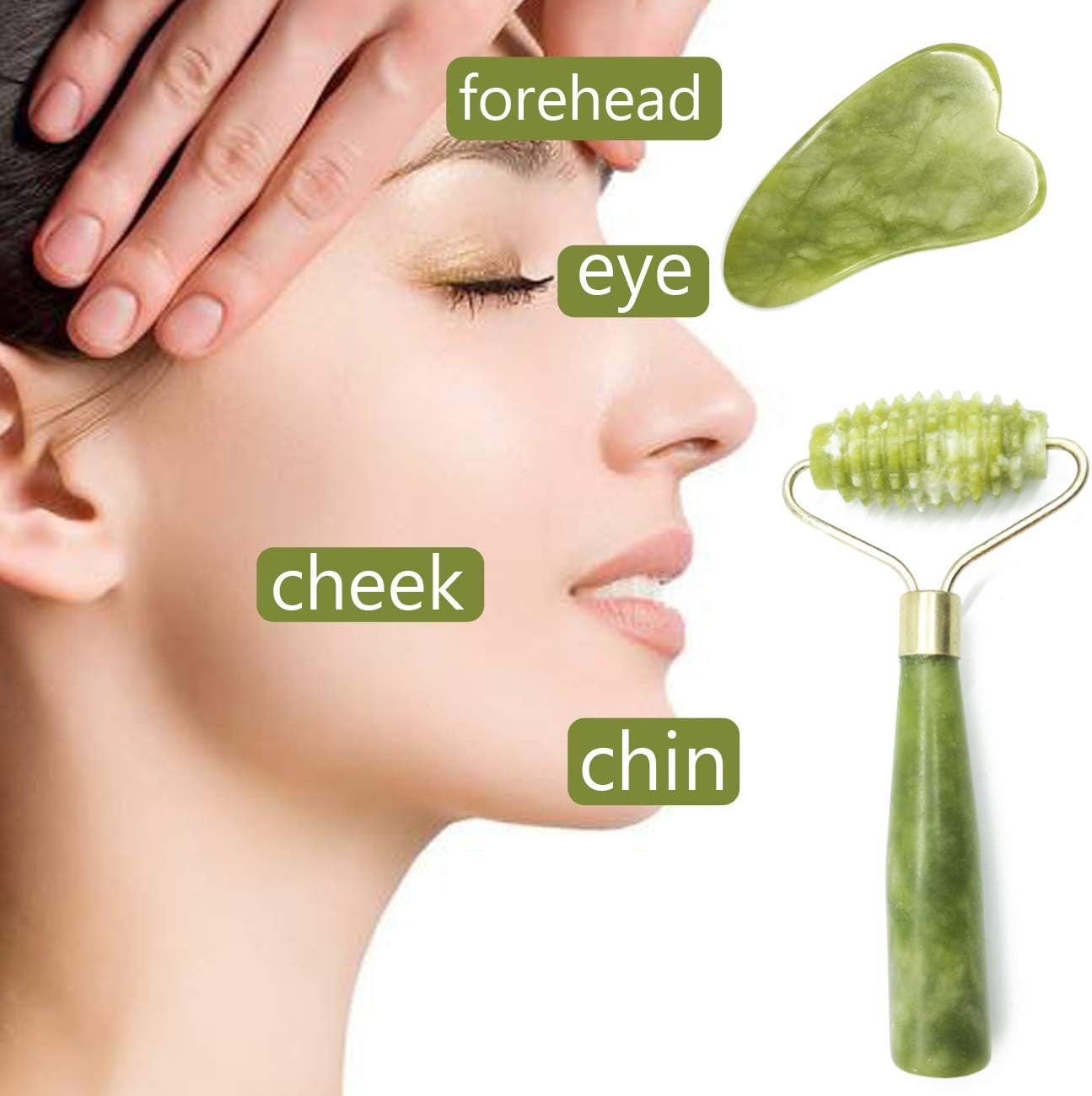 TIHOOD 6PCS Massage Tools Kits, 4 PCS Jade Roller Facial Ridged Roller Kits Skin Roller with 2 Pieces Scraping Massage Tools Anti Aging and Wrinkles for Face, Eye, Neck, Body for Lymphatic Massage