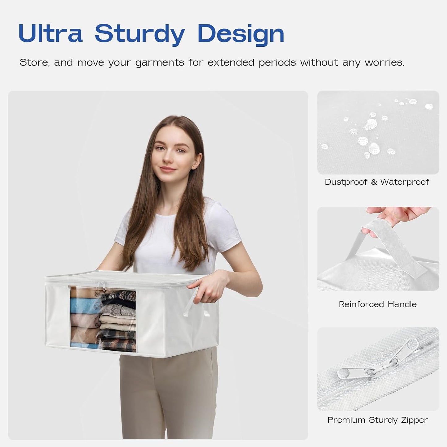 Clothes Storage Bags, Foldable Thick Fabric Blanket Storage Bags, Large Clear Window & Carry Handles, Great for Clothes, Blankets, Closets, Pillows, Toys (White, 4PACK)