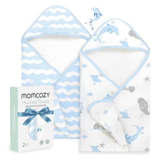 Momcozy Baby Towel with Hooded-Original Design Baby Towel Set -Soft & Absorbent- Shower Gifts or Bath Essential for Infant, Newborn, Toddler, Marine Sea Whale Seal Waves Magic