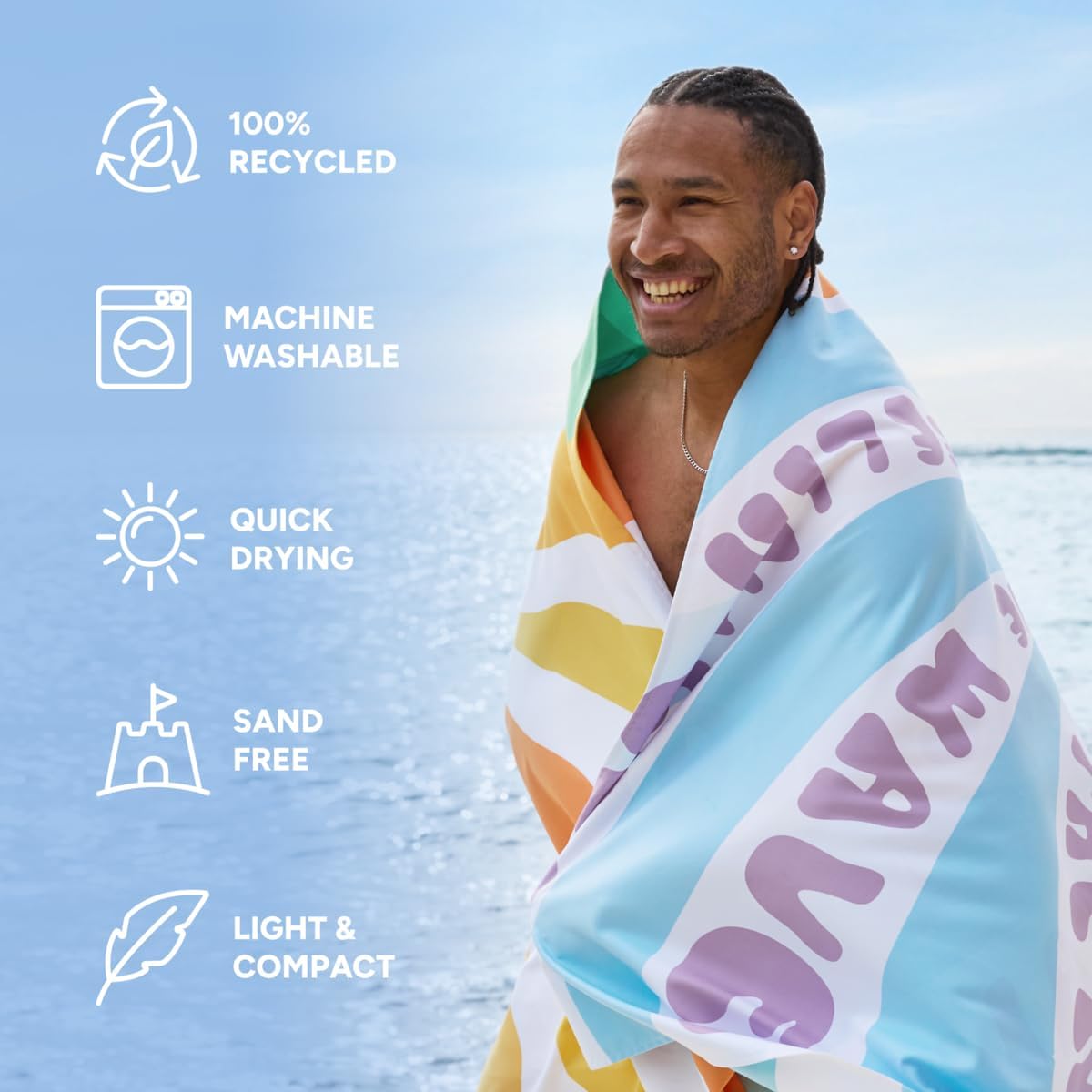 Dock & Bay Beach Towel - Quick Dry, Sand Free - Compact, Lightweight - 100% Recycled - Includes Bag - Vitamin Sea - Large (160x90cm, 63x35)