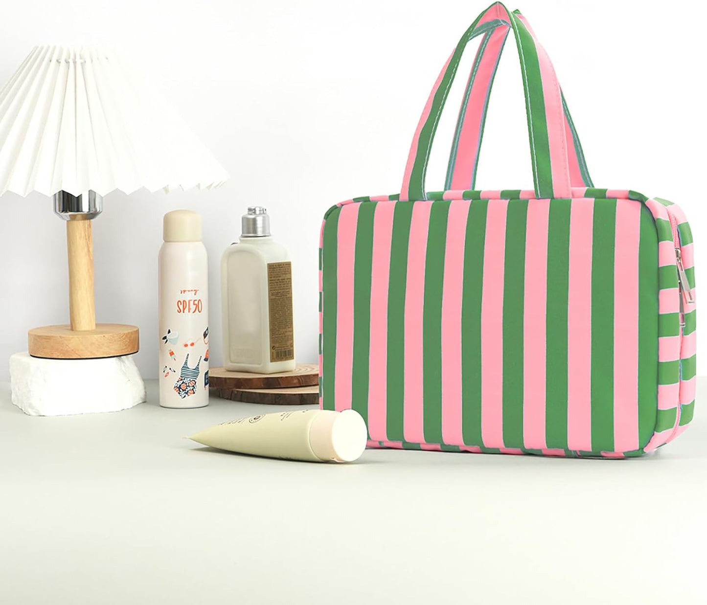 Toiletry Bag for Women Travel Water-resistant Cosmetic Bag Fashion Stripes Makeup Bag with Hanging Hook Preppy for Store Toiletries Cosmetic Accessories Large Capacity Green