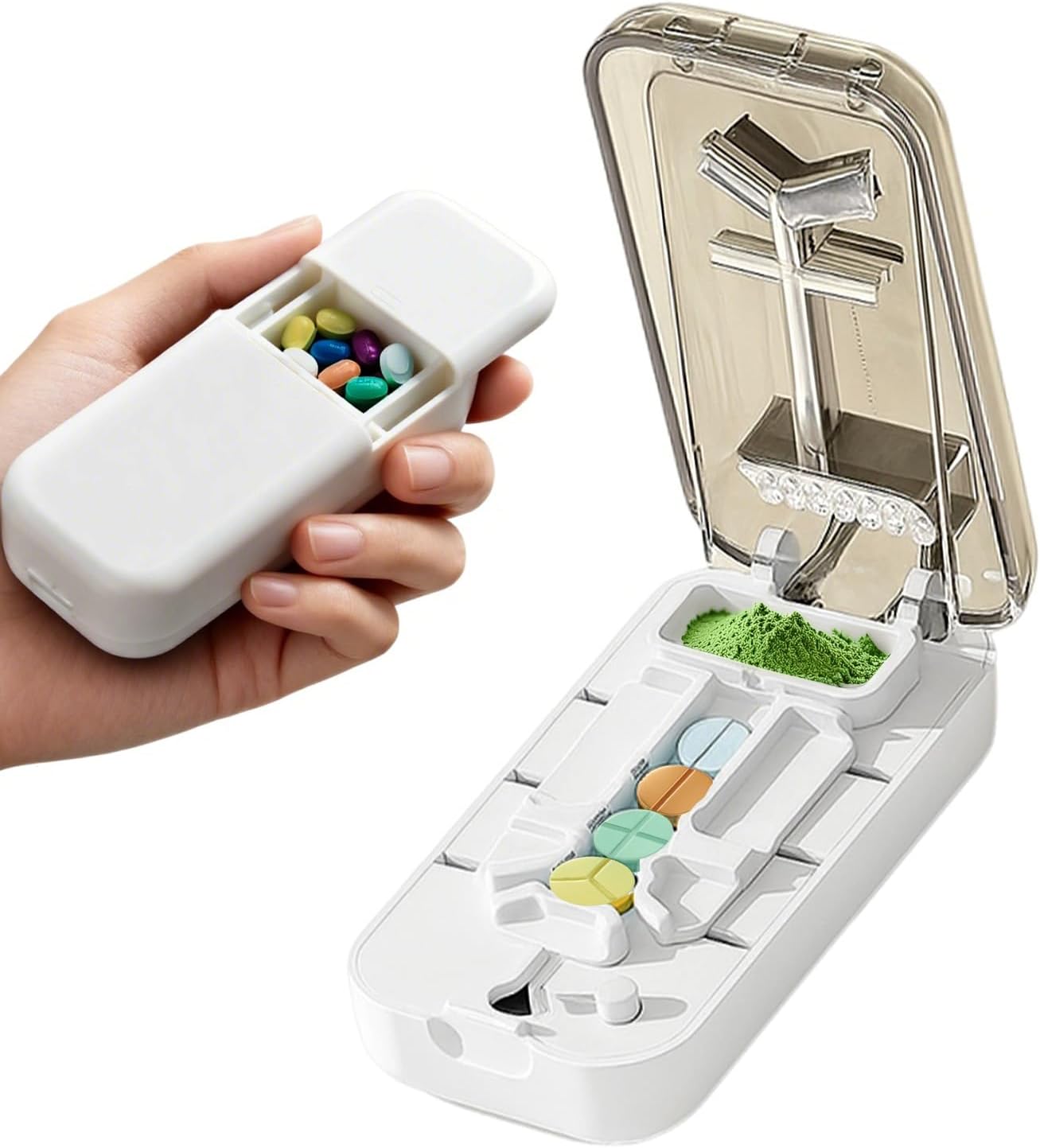 Pill Cutter Splitter for Small and Large Pills, 2026 Upgraded Portable Pill Cutter 1/4, 1/2 and 1/3 for Multiple Splitter Pills, Professional Pillss Cutting and Crusher with Storage Device (White)