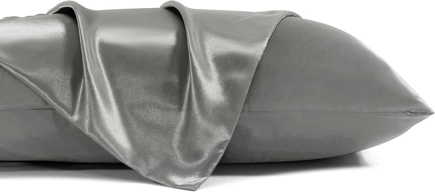 Juwenin Bedding,Luxury Satin Pillowcase with Zipper (Silky Satin Pillow Case for Hair) Set of 2 (Dark Grey, Queen(20''x29''))