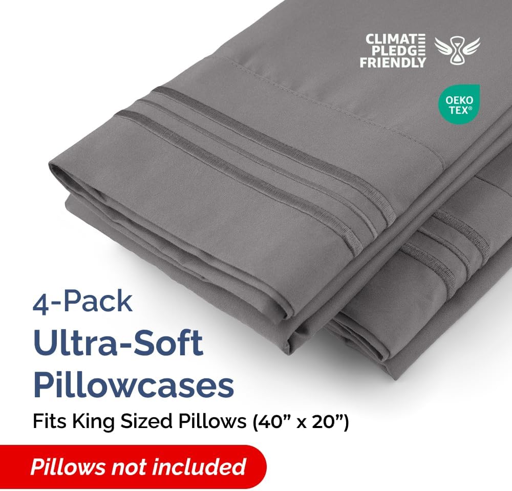 King Pillow Cases Set of 4 - Ultra Soft Hotel Quality Pillowcase Covers - Comfy, Cozy & Wrinkle Free - Shrinkage, Stain & Fade Resistant - Machine Washable Pillow Protectors - 4 Piece Set - Dark Grey