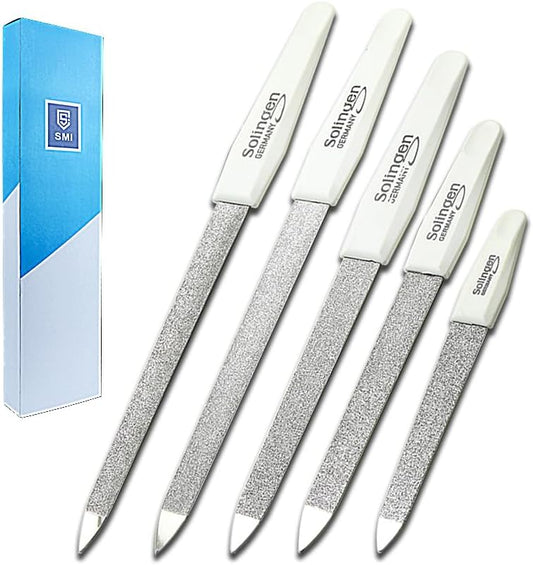 SMI 5 Pcs Solingen Germany Sapphire Metal Nail File Set + 1 Curved File - Fine and Coarse Nail Files - Double Sided Professional Manicure Pedicure Kit Best Nail File for Fingernail Toenail Care