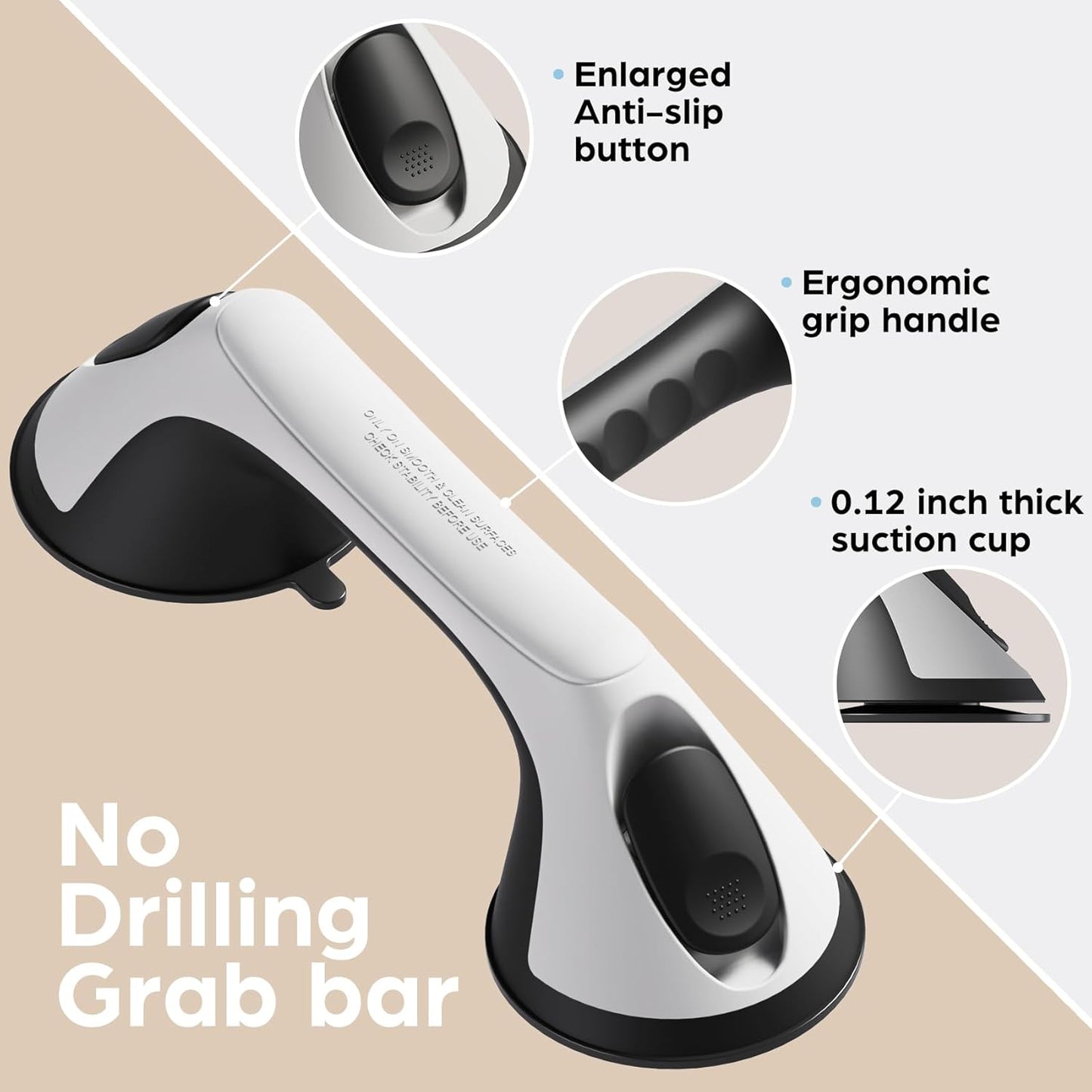 2 Pack 12 Inch Grab Bars for Bathtubs and Showers for Seniors, Heavy Duty Shower Handle for Elderly, Suction Cup Removable Handrails Handicap Bath Grip Bathroom Safety Grips (Black and White