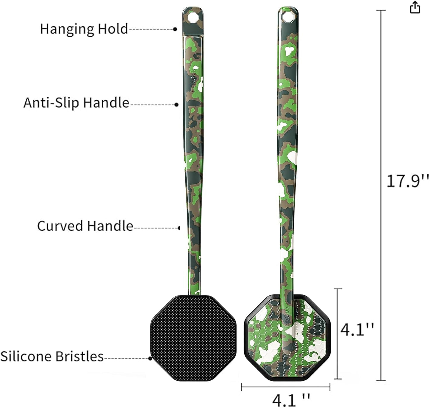iTokGoK® Platinum Camo Green Pattern Silicone Back Scrubber with Long Handle Back Brush for Shower,Silver-Infused Back Scrubber for Men and Women (Camo Green)