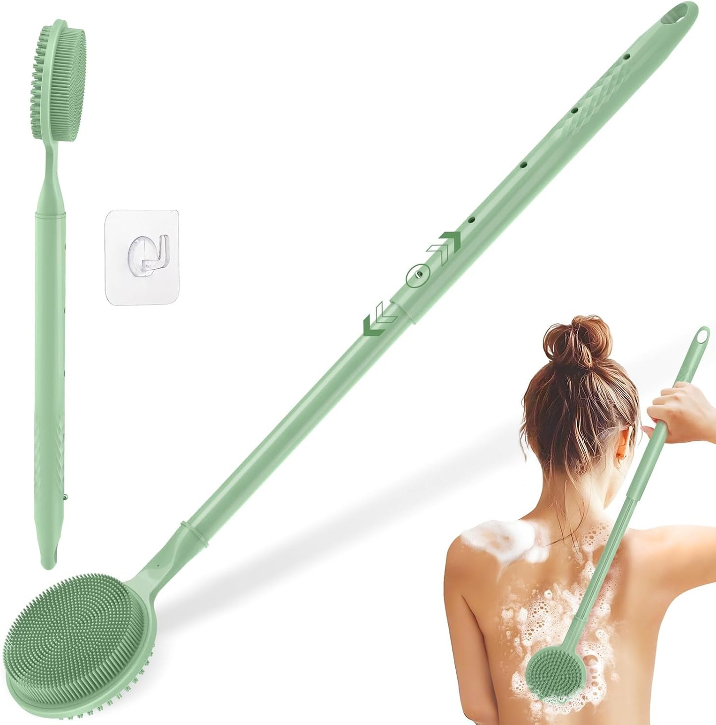 Adjustable Silicone Back Scrubber for Shower, 16''- 24'' Extendable Shower Back Scrubber for Rich Foam, 5-Length Back Brush Bath Brush with Dual-Side Head and Super-Lathering Bristles(Green)