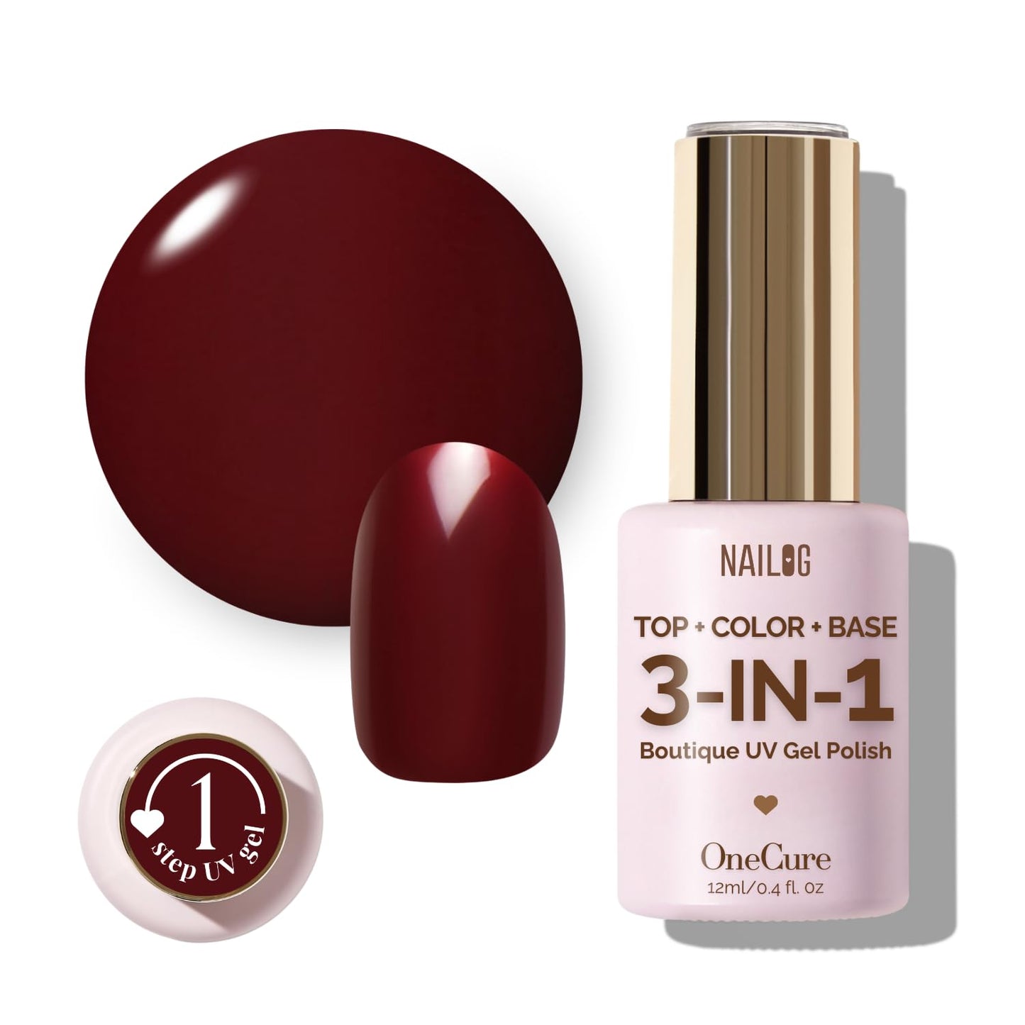 NAILOG One Step Gel Nail Polish 12ml Top Coat Color Gel Base 3-In-1 Formula Soak Off UV Gel Polish for Home DIY & Gifting | Amber Red