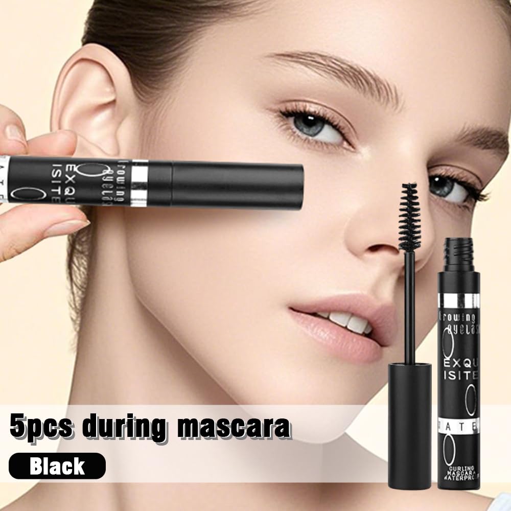 5 PCS Black Voluminous Original Volume Building Mascara Set Makeup, Lengthening, Defining, Curling, Multiplying, Buildable Formula,Cruelty Free,Waterproof-1 (5Pcs-Black-Mascara-Silver)