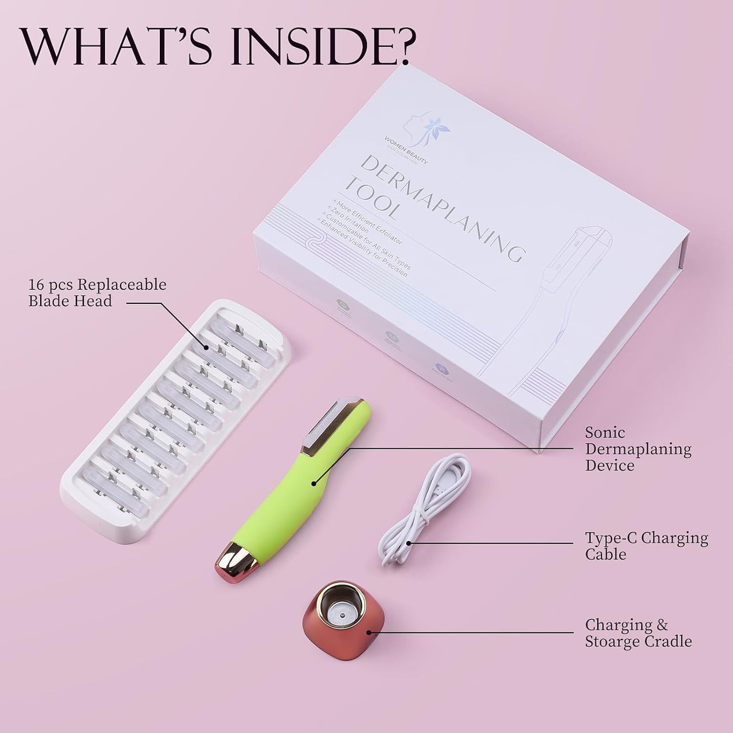 Sonic Dermaplane Razor for Women Face, Dermaplaning Tool for Face, Sonic Edge Technology, Facial Hair Removal for Women, Peach Fuzz with 8 Replaceable Blades(Green)