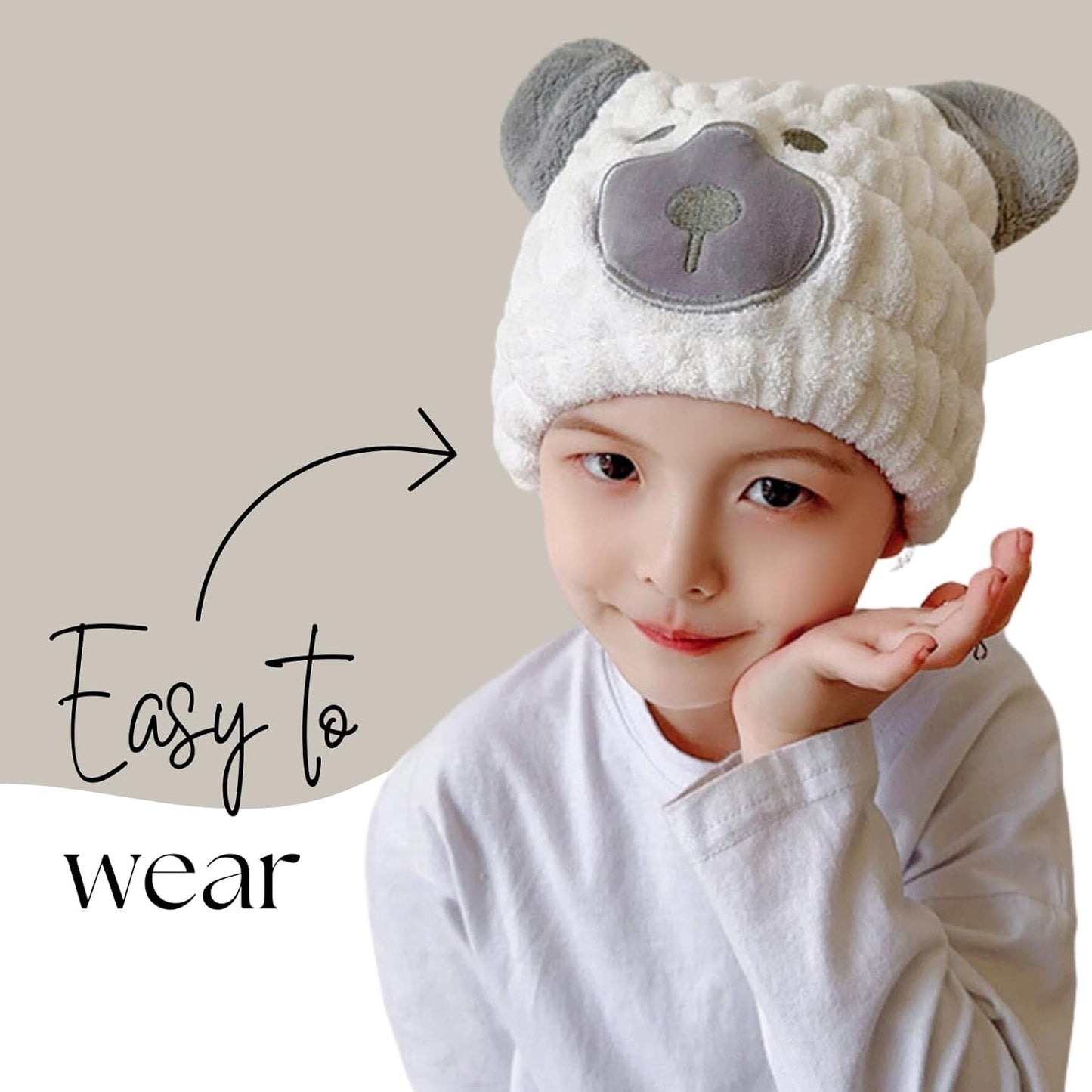 Microfiber Hair Towel Wrap for Kids, White Bear Dry Hair Cap Suck Water, Absorbent Quick Girls Boys Hair Drying Towel, Lightweight Bouncy Hat Headscarf for Wet Hair