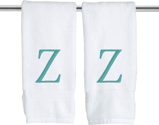 White Monogram Hand Towel for Bathroom - Monogrammed Initial Hotel Quality Decorative Embroidered Luxury Towel for Powder Room, Spa - GOTS Organic Certified - Set of 2 Teal Letter Z