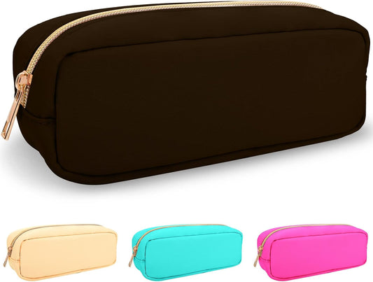 izuzta Nylon Small Makeup Bag Slim Pouch, Preppy Cute Makeup Brush Case Bag Cosmetic Zipper Pouch for Purse, Waterproof Travel Toiletry Bag Clutch Coin Pouch Make Up Organizer for Women(Brown)