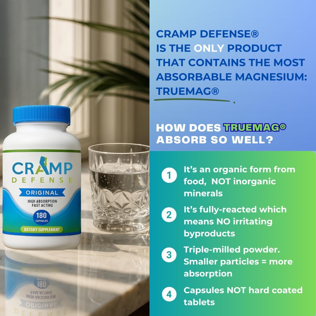 Cramp Defense® for Leg Cramps & Muscle Cramps Relief (During The Day & at Night.) Magnesium Supplement Made in USA. 3-6 Month Supply per Bottle. Contains Truemag® for Max Absorption. 1+ Million Sold.