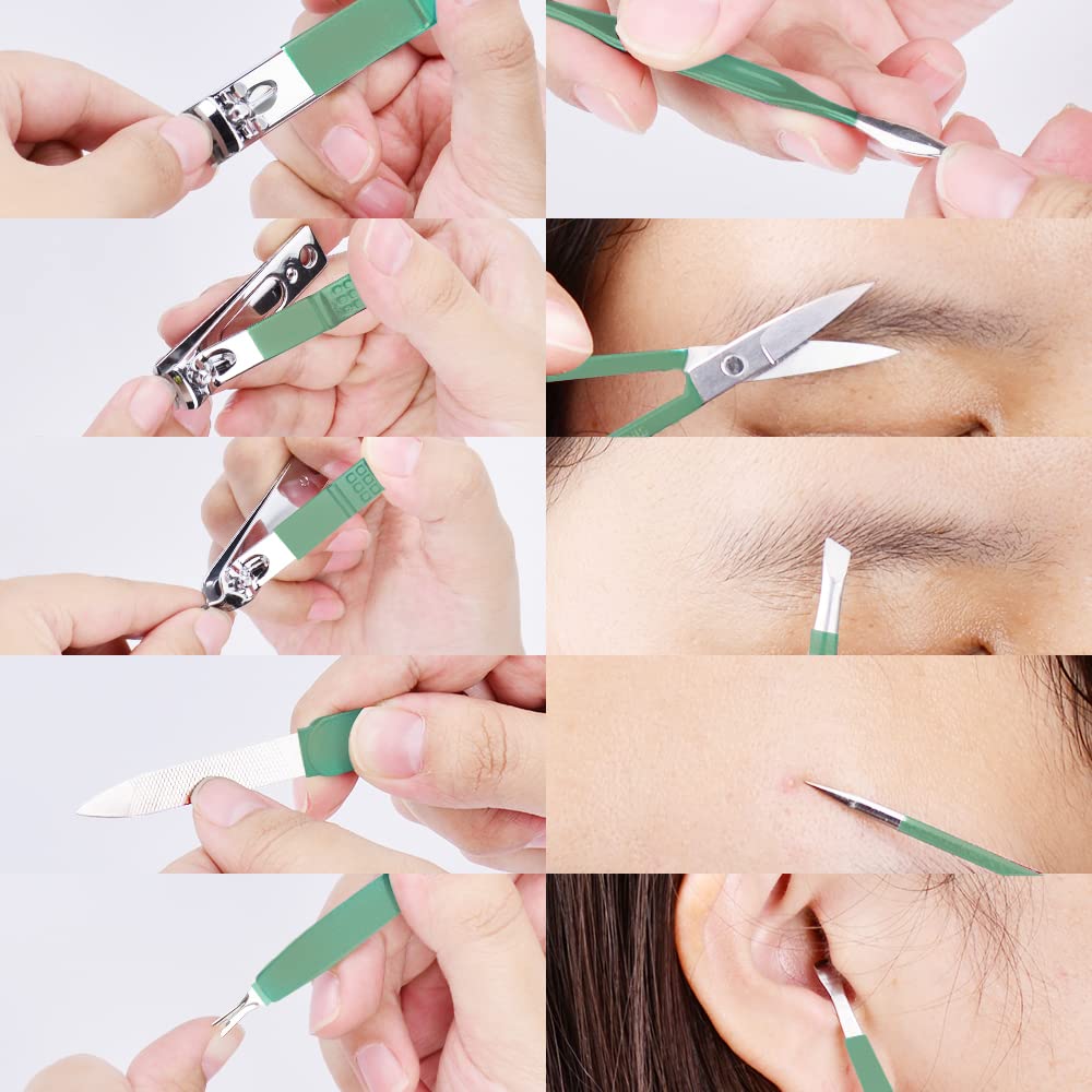Manicure Set 10 in 1 Stainless Steel, Nail Clippers Scissors Pedicure Tools Kit - Portable Travel Grooming Kit for Men and Women with Leather Case (Jade Green)