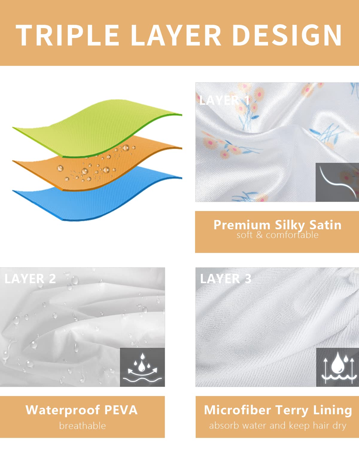 Shower Caps, Triple Layer Large Shower Cap for Women, Reusable Shower Caps for Long Thick Hair (Yellow floral)