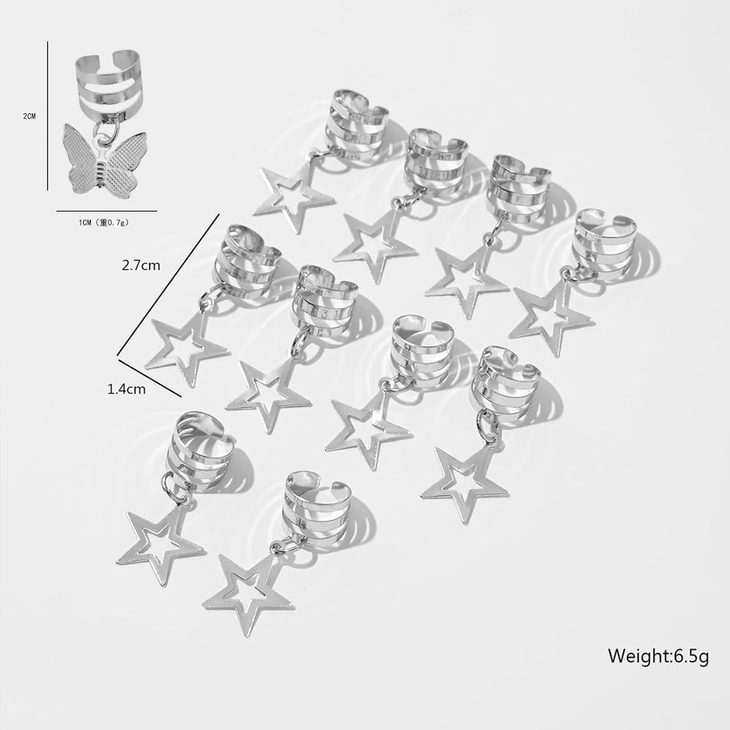 Silver Hollow Star ButterflyHair Jewelry for Braids; ButterflyMetals Cuffs Clip Hair Accessories Styling Fashion Toos for Women Men 35 Pcs (Sliver)