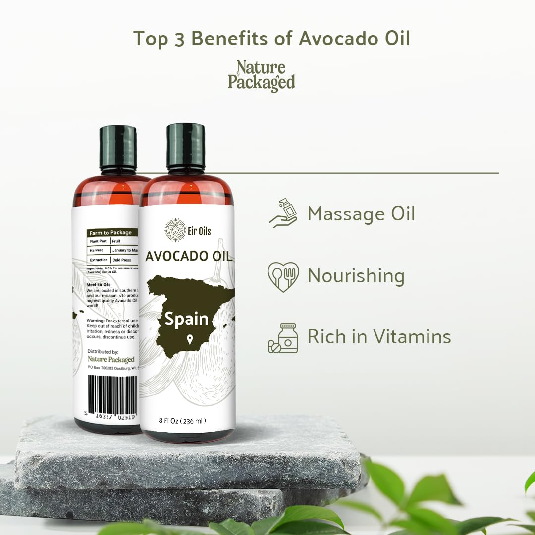 Avocado Oil - Direct from EIR Oils Farm in Spain - 100% Pure Carrier Oil for Hair, Face, and Skin - Hand-Picked, Cold-Pressed Carrier Oil - (16oz)